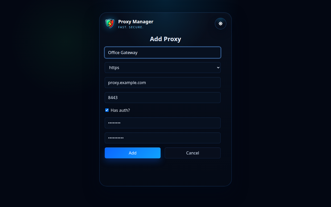 Proxy Manager pridať proxy formulár